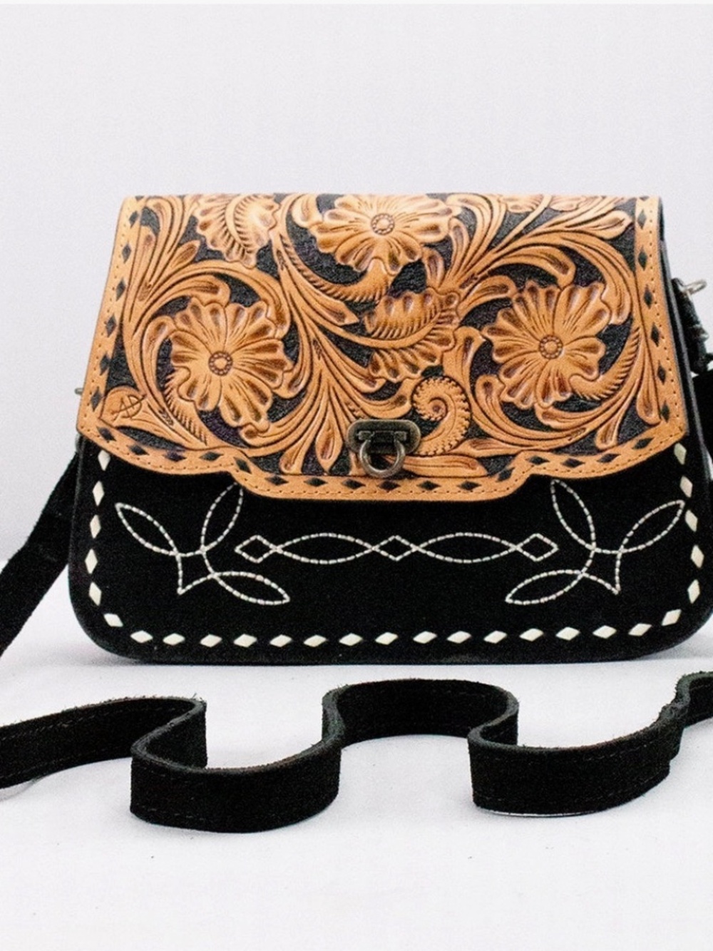 American Darling Hand Tooled Floral & Genuine Suede Western Cross Body Bag